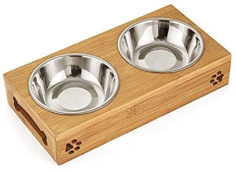 Buy NuSense Double Pet Dog Bowl Stainless Steel Pet Bowl Bamboo Bottom Food Water Dual-use Feeding Dish in UAE