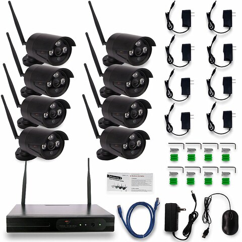 Tomvision - 8Channel Black Case Wireless KIT Surveillance System Security Full HD 1080P/2.0MP IP Camera 8pcs Outdoor WIFI Security Waterproof IP66 Camera with Night Vision and P2P