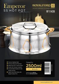 Royalford 2500ml Emperor Stainless Steel Hotpot- Rf11439 Food-Grade Hot And Cold Hotpot With Double Wall Vacuum Insulation, Silver And Golden