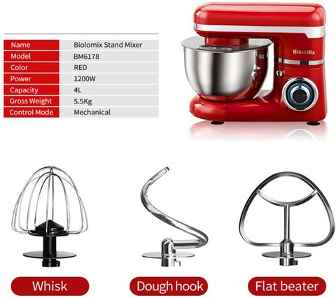 Biolomix Household Stand Mixer 4L, 1200W, 6-Speed Food Mixer, Kitchen Electric Mixer With Dough Hook, Whisk, Beater, Bowl, Free Hands Mixer