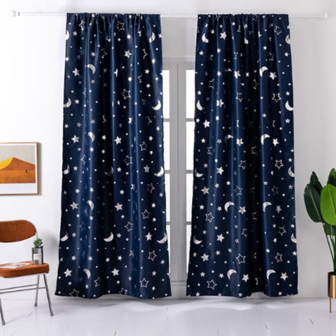 DEALS FOR LESS - Window Curtains Navy Blue Color, Stars &amp; Moon Foil Design.