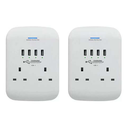 Charging Essentials Twin Socket Adaptor Surge Protected with 4 USB Chargers- Pack of 2