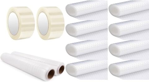 Atraux Packaging Kit - Bubble Wrap, Bopp Clear Tape And Stretch Film For Bulk Shipping, Mailing &amp; Moving (Pack Of 12)