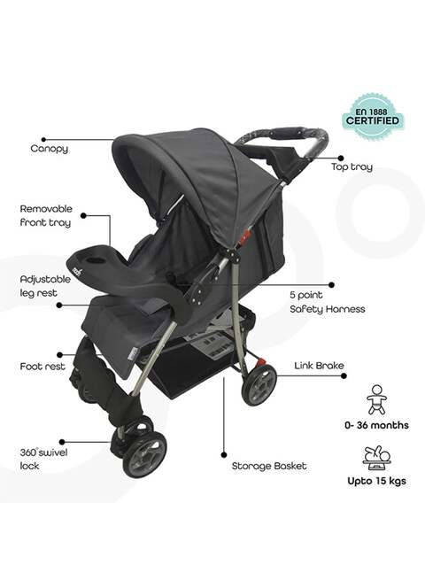 Moon Trek One Fold Adjustable Stroller With Swivel Wheel, Dark Grey