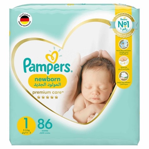 Pampers Premium Care Taped Diapers, Size 1, 2-5kg, Jumbo Pack, 86 Diapers