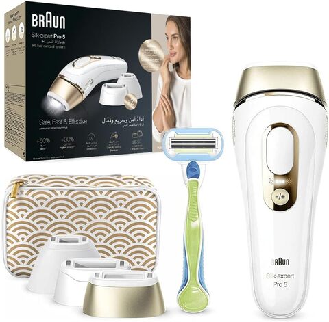 Buy Braun IPL Silk Expert Pro 5 Hair Removal System, Legs, Body & Face,  With 4 Extra: Wide Head, Precision Head, Venus Extra Smooth Razor, Premium  Beauty Pouch, White/Gold, PL5237 IPL Online 