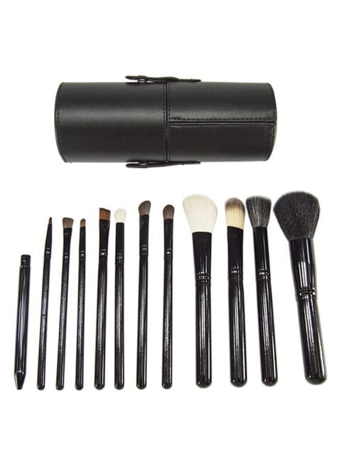 طقم من 12 فرشاة مكياج احترافية مع حامل على شكل كوب أسود - 12-Piece Professional Makeup Brush Set With Cup Holder Black