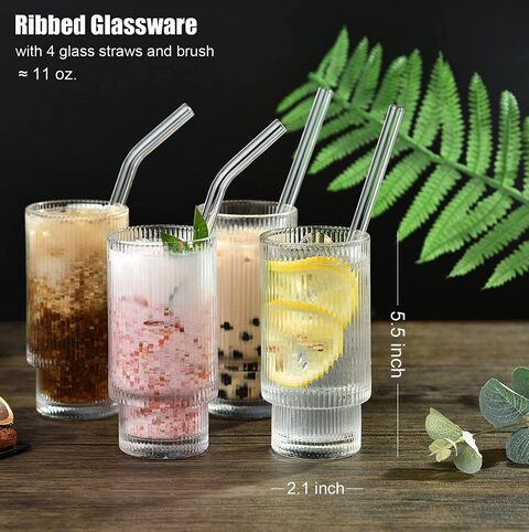 1CHASE Borosilicate Ribbed Glassware Drinking Glasses With Straws 450ml (Set Of 4) Ribbed Glass Mason Jar Vintage Fluted Glassware