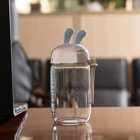 300ml Rabbit Ear Shape Kid Glass Water Bottle Trainer Cup Drink Learning