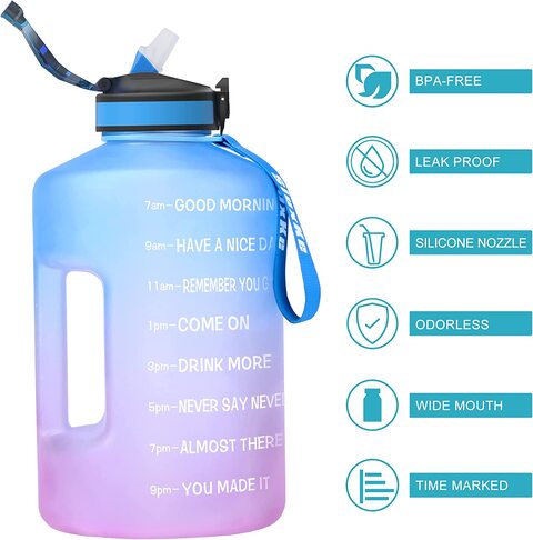 Sluxke Gallon Drinking Bottles With Straw, 128Oz Water Jug With Time Marker Bpa Free Leak Proof Sports Huge Water Bottle