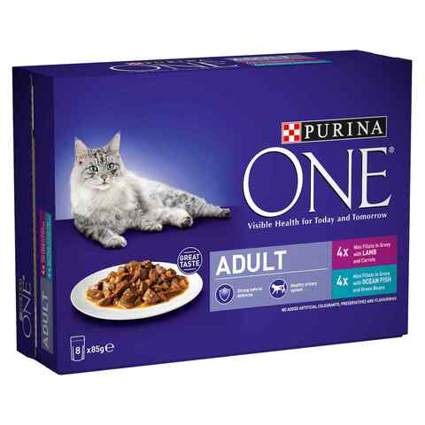 Buy Purina One Adult Mini Fillets In Gravy Ocean Fish And Lamb Cat Food 85g Pack of 8 in UAE