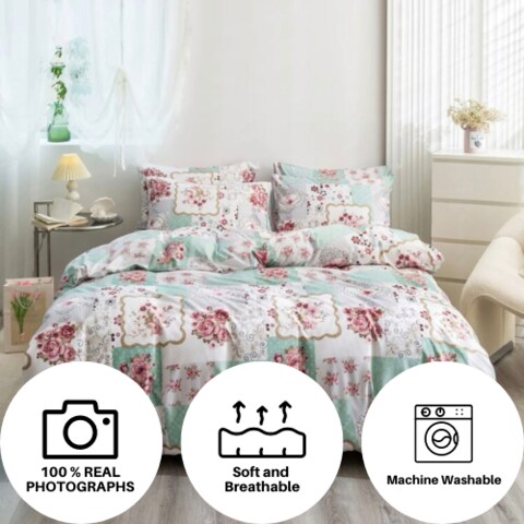 LUNA HOME King size 6 pieces Bedding Set without filler, Light Green Color Floral Design