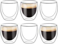 1CHASE Double Wall Insulated Coffee Tea Cups 250ml, Clear Coffee Mugs, Espresso, Cappuccino, Tea, Latte Cups, Cold/Hot Beverage - Set Of 6