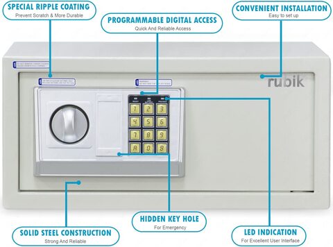 Rubik Wide Cabinet Safe Box with Key &amp; Pin Code, Programmable Safety Vault For Home Office (RB-EDA200-W, 20x43x35cm, 8.5KG) White