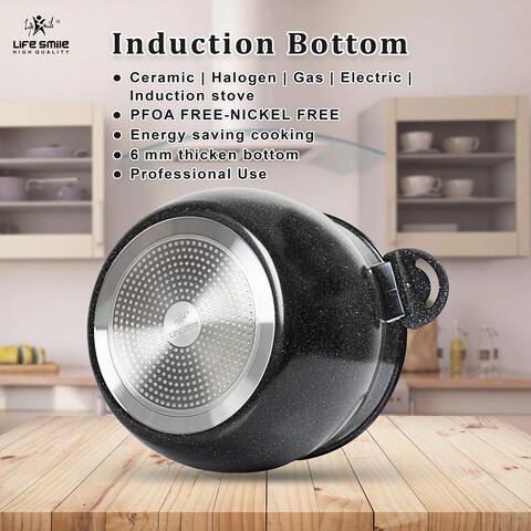 Life Smile Steamer Pot 8 Liter - Steaming Cookware Couscoussier With Tempered Glass Lid- 2 Tier Steaming Pot Granite Coating Stock Pot- Induction Bottom - Dishwasher Safe (24 Cm (8 Liters)) 