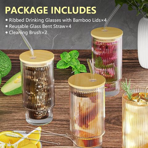 1CHASE Borosilicate Ribbed Glassware Drinking Glasses With Bamboo Lid And Straws 450ml (Set Of 4) Ribbed Glass Mason Jar Vintage Fluted Glassware