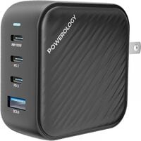 Powerology Ultra Compact 100W Triple PD GaN Charger, USB-C Laptop Travel Wall Charger Compatible With MacBook Pro, iPad, iPhone 15 Pro Max/15 Pro/14 Pro Max/14 Pro Samsung S23 Ultra - Black