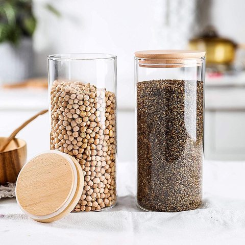 Lushh 2 Pcs Glass Food Storage Jars Air Tight Borosilicate Kitchen Food Storage Container Set with Natural Bamboo Lids for Candy Cookie Rice Sugar Flour Pasta Nuts 1200 ML