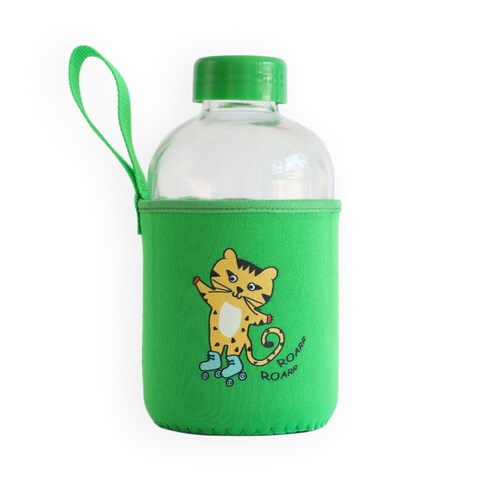 Milk&amp;Moo Skater Cheetah Kids Glass Water Bottles, Water Bottles For School, Neoprene Sleeve, Leak Proof, Spill Proof, BPA Free, Toddler Water Bottle, Cute Design, 20 oz, 600 ml