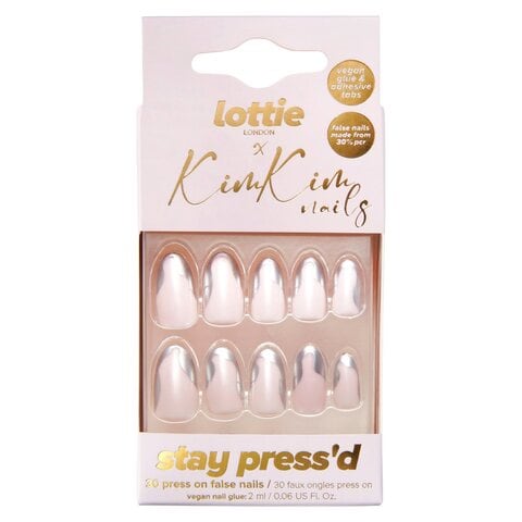 Lottie London Kimkim Stay Press&#39;d Press-On False Nails With Glue Chrome Tips Pack of 30