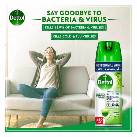 Dettol Antibacterial All in One Disinfectant Spray Effective Germ Protection &amp; Personal Hygiene, Kills 99.9% of Bacteria &amp; Viruses, Morning Dew Fragrance, 450ml