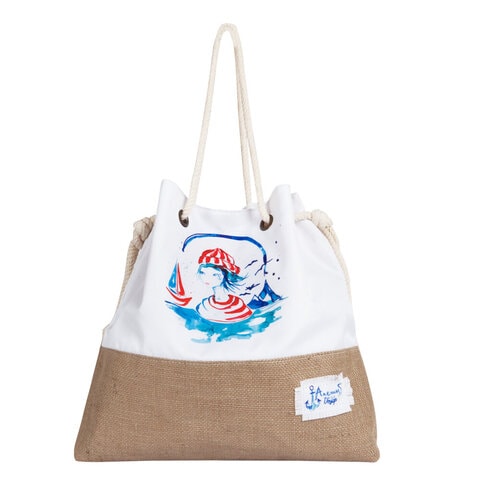 Anemoss Sailor Girl Jute Beach Bag, Shoulder Bag for Women, Large and Lightweight Summer Pool Bag with Rope Handle and Inner Pocket, White Color