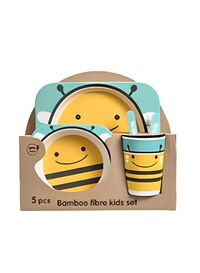 Eco-Friendly Bamboo Fiber 5pcs Dinnerware Set - Creative Cartoon Cutlery Set for Kids - Perfect Baby Feeding Solution, Bee