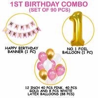 Party Time 90-Pieces Birthday Decoration Set 1st Baby Girl Decoration, Pink, Gold &amp; White Latex Balloons Happy Birthday Pink Banner, Number 1 Foil Balloon - 1st Birthday Decoration Set - Party Supplie