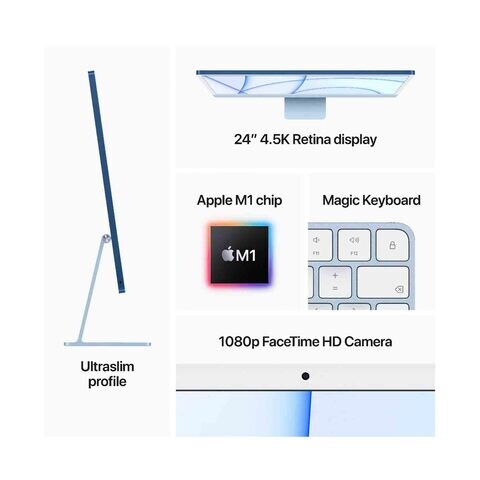 Apple iMac MJV93AB/A with Retina 24-inch 4.5K display, M1&nbsp;chip 8 core CPU and 7‑core GPU, 8GB RAM, 256GB SSD, Blue (English Arabic Keyboard) (Plus Extra Supplier&#39;s Delivery Charge Outside Doha)