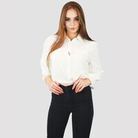 KIDWALA Size L,  Women&#39;S Tops, Tees &amp; Blouses White Cropped Front Two Pocket Bomber Jacket Elastic Waistband &amp; Wristband Blouse With Collar Neckline With Long Sleeve, Buttons Up Top, Crop Top