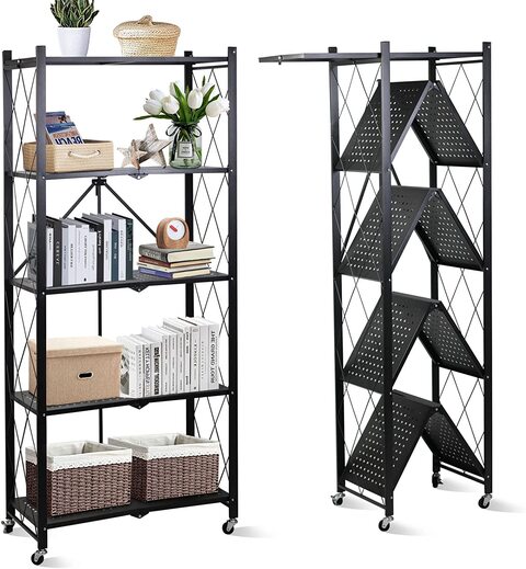 Sky-Touch 5 Tier Foldable Storage Organizer, 35x72x160.5cm Kitchen Cabinet Storage Rack, Movable Steel Storage Shelf Rack, Shelf Storage Multipurpose Rack For Living Room Bedroom Kitchen Garage, Black