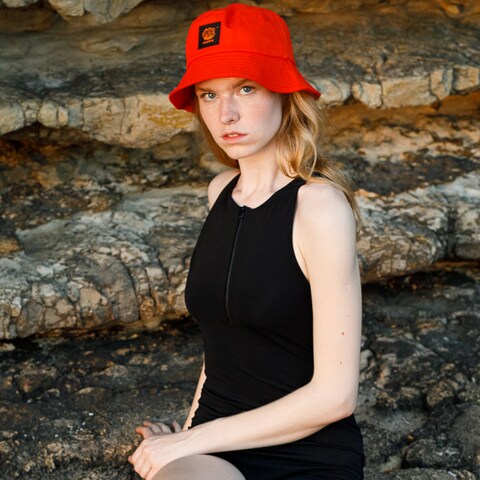 Biggdesign Moods Up Happy Bucket Hat For Women,  Cotton Wide Brim Beach and Summer Hat,  Packable Outdoor Cap, Orange Color