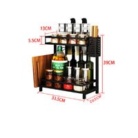 2 Tier Metal Kitchen Spice Rack Cutting board rack with Knife Utensils Holder， Cutlery Holder And 3 Hooks, Black