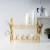 Royalford 2-Layer Goldy Dish Rack, Attached PP Drain Board, RF10150 - Strong, Gold Finish, Iron Construction, Holds 17 Plates, Cutlery Holder, Glass/Cup Holder, Compact Design