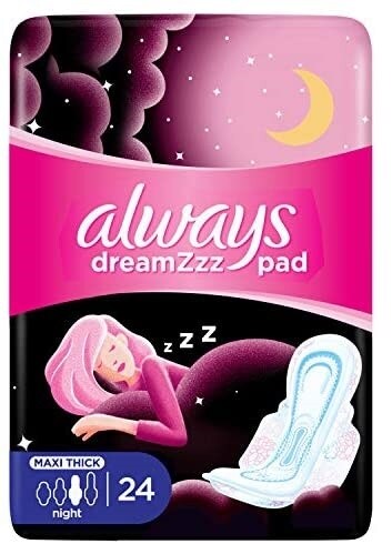 Always, Feminine Pads, Sensitive Night Pads, Maxi Thick Large With Wings -  24 Pcs