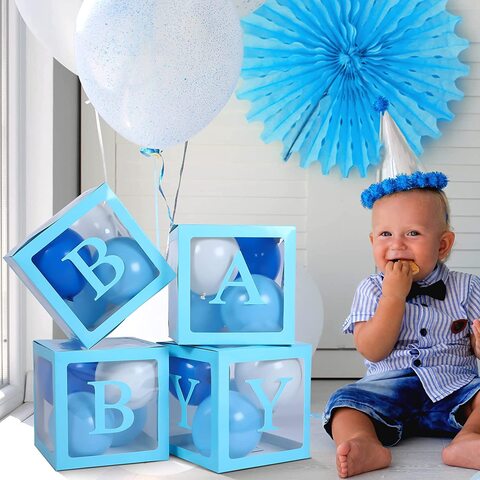 Baby Shower Boxes Party Decorations &ndash; 4Pcs Transparent Balloons Decor Baby Box Baby Blocks Decorations for Boy Girl Baby Shower 1st Birthday Party Gender Reveal Backdrop (Blue)