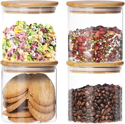 EZOWare Set of 4 Airtight Glass Jars, 46 Fl oz Storage Clear Canister  Container Set with Bamboo Lid for for Storing Candy, Cookie, Rice, Sugar,  Flour