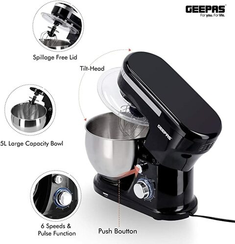Geepas 5L Food Stand Mixer | 1000W Stainless Steel Mixing Bowl &amp; Splash Guard | 6 Speed With Pulse &amp; Balloon Whisk Flat Beater &amp; Dough Hook | 2 Years Warranty, Black, Gsm43038Uk