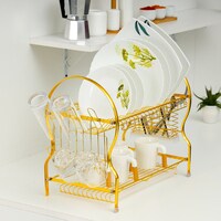Royalford 2-Layer Goldy Dish Rack, Attached PP Drain Board, RF10150 - Strong, Gold Finish, Iron Construction, Holds 17 Plates, Cutlery Holder, Glass/Cup Holder, Compact Design