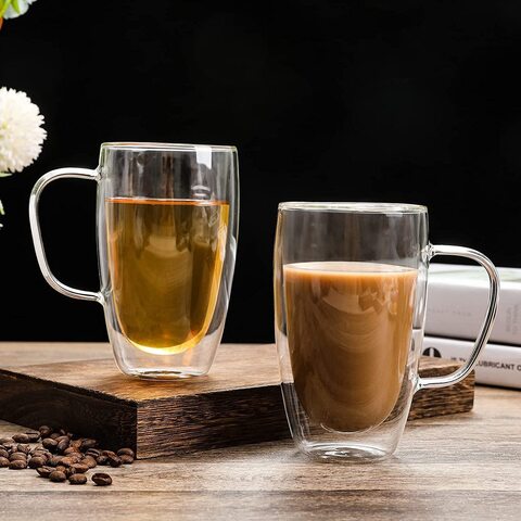 Buy 1Chase&Reg; Double Walled Glass Coffee Cups, Set Of 2 Large Glass Tea  Cup With Handle, 450Ml Tall Insulated Coffee Mugs Perfect For Cappuccino,  Macchiato, Latte, Tea, Juice, Iced & Hot Beverages&Hellip;