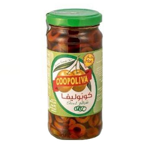 Coopoliva Sliced green Olives Hot 225g