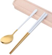 LIYING Portable Flatware Utensils Korean Style Tableware Fork, Spoon Chopsticks with Gift Case for Camping Picnic Office Lunch, Dark Green Gold