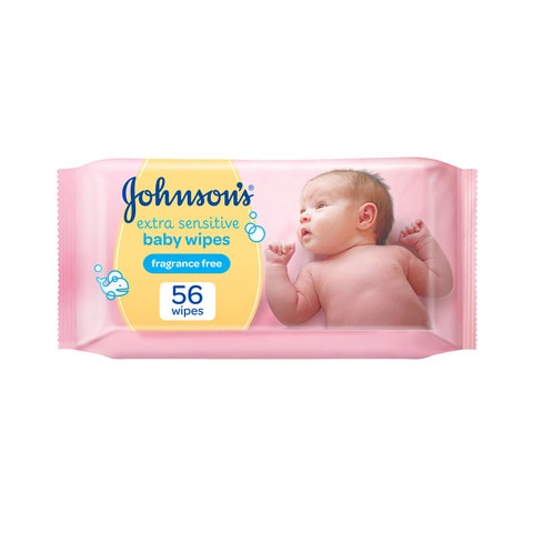 Buy Johnsons Baby Wipes Extra Sensitive 98% pure water pack of 56 wipes in Saudi Arabia