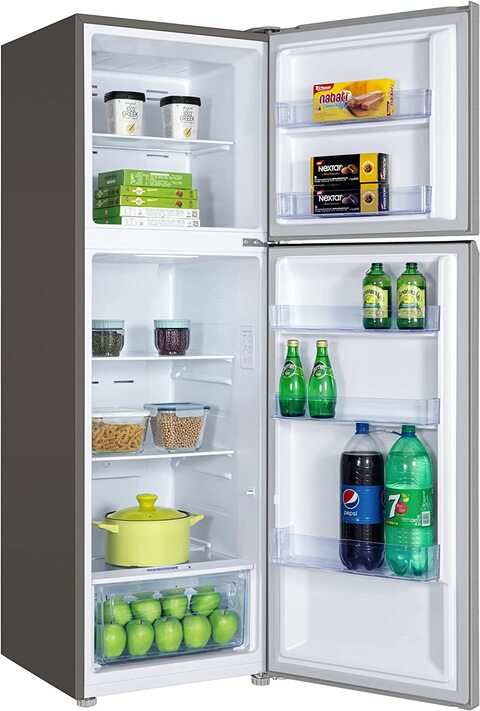 TCL 324 Liters Double Door Top Mount Refrigerator, Total No Frost Fridge &amp; Freezer With Powerful Interior LED Light And Large Crisper Drawer With Humidity Control, Inox, P324TMN