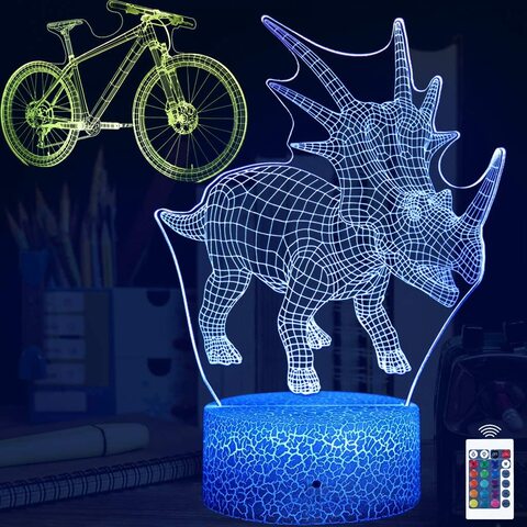 3D Night Light for Kids Dinosaur Bicycle 2 Pattern with Remote Control &amp; Smart Touch 16 Colors Changing Dimmable 3D Illusion Lamp Nightnight, Gift Toy for Boys or Girls Age 2 3 4 5 6 7 8+ Years Old