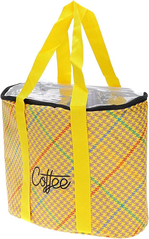 Insulated Reusable Tote Bag with Zip Closure &amp; Transparent Lid for Picnic, Traveling, Shopping, Grocery &amp; Food Carrier (Yellow)