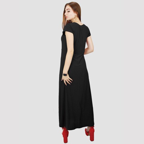 KIDWALA Size XXL, Women&#39;S Plain Black Long Ladies Dress, Short Sleeves, Full Length Dress With Round Neck, Simple Dress