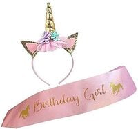 Doreen Unicorn Headband and Birthday Girl Sash Set, Gold Glitter Unicorn Horn &amp; Pink Satin Sash for Unicorn Birthday Girl Set Happy Birthday Party Supplies Favors and Decorations（GC785A）