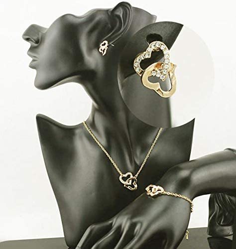 18k gold plated charm Gift Czech rhinestone Double Heart necklace Earrings Bracelet 3pcs Jewelry Set