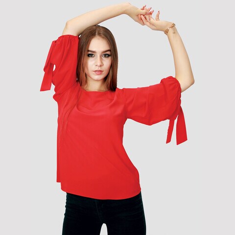 KIDWALA Size 36, Women&#39;S Tops, Tees &amp; Blouses Tie Sleeves, Red Blouse, Round Nick Top With 3/4 Quarter Sleeves Length, Waist Length Blouse